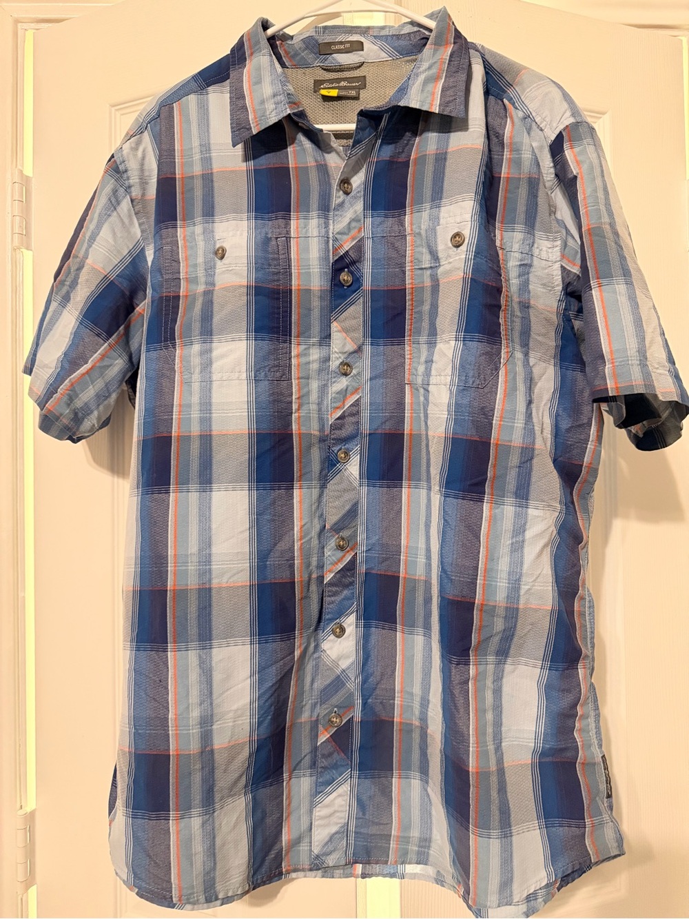 Eddie Bauer Blue Plaid Short-Sleeve Button-Down Shirt